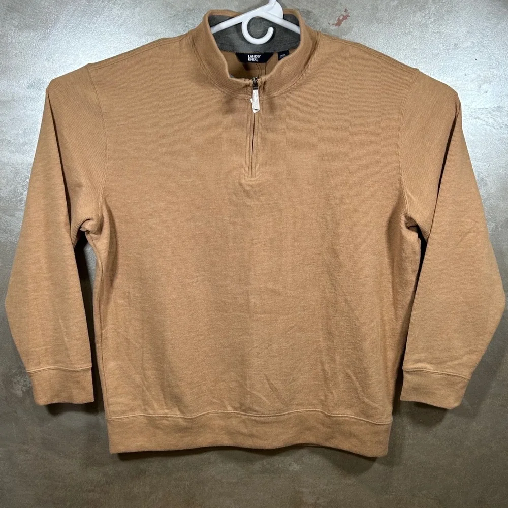 Lands End Mens 2XL Ribbed Quarter Zip‎ Pullover Rich Camel Heather NEW